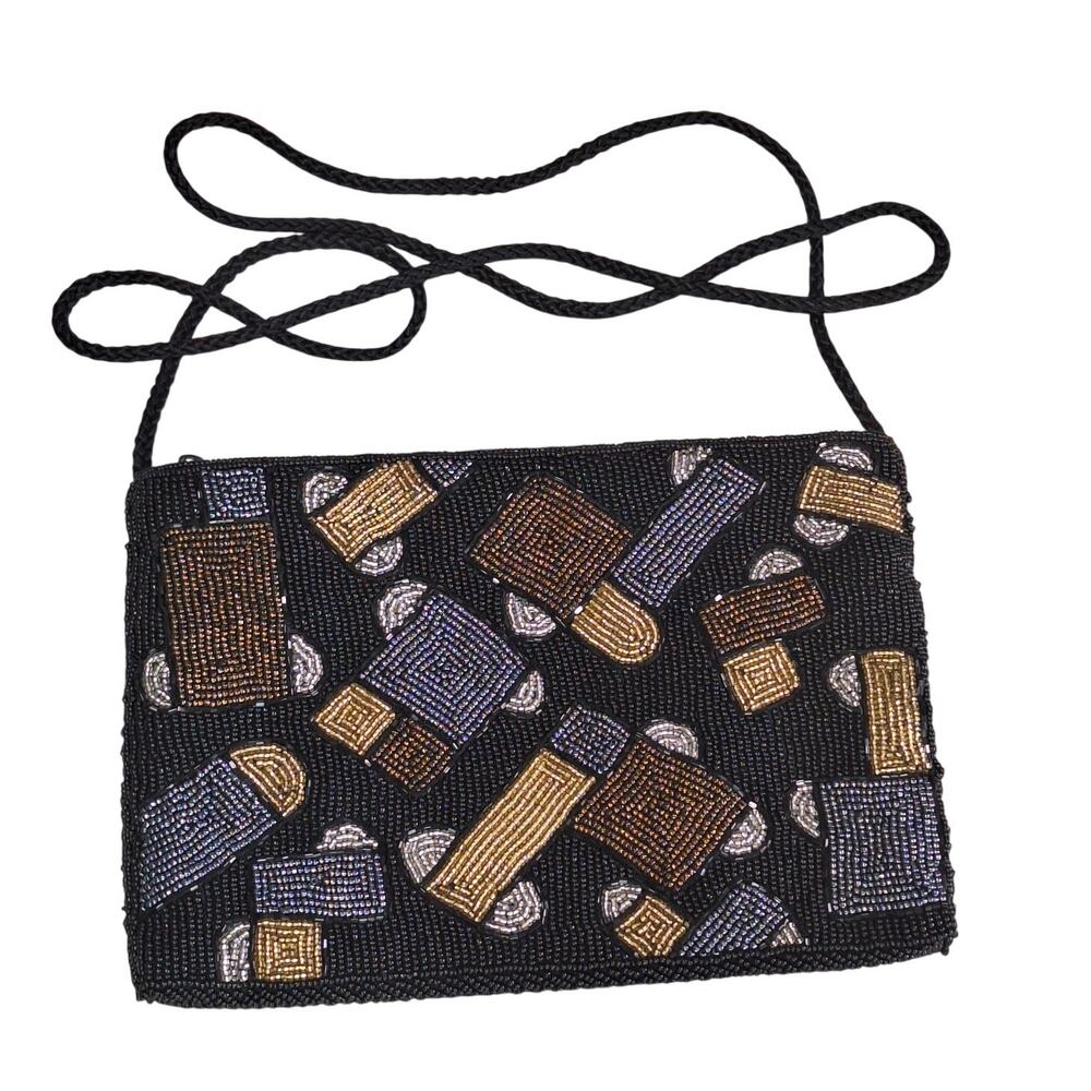 Vintage Andre Cellini geometric neutral black beaded crossbody purse clutch